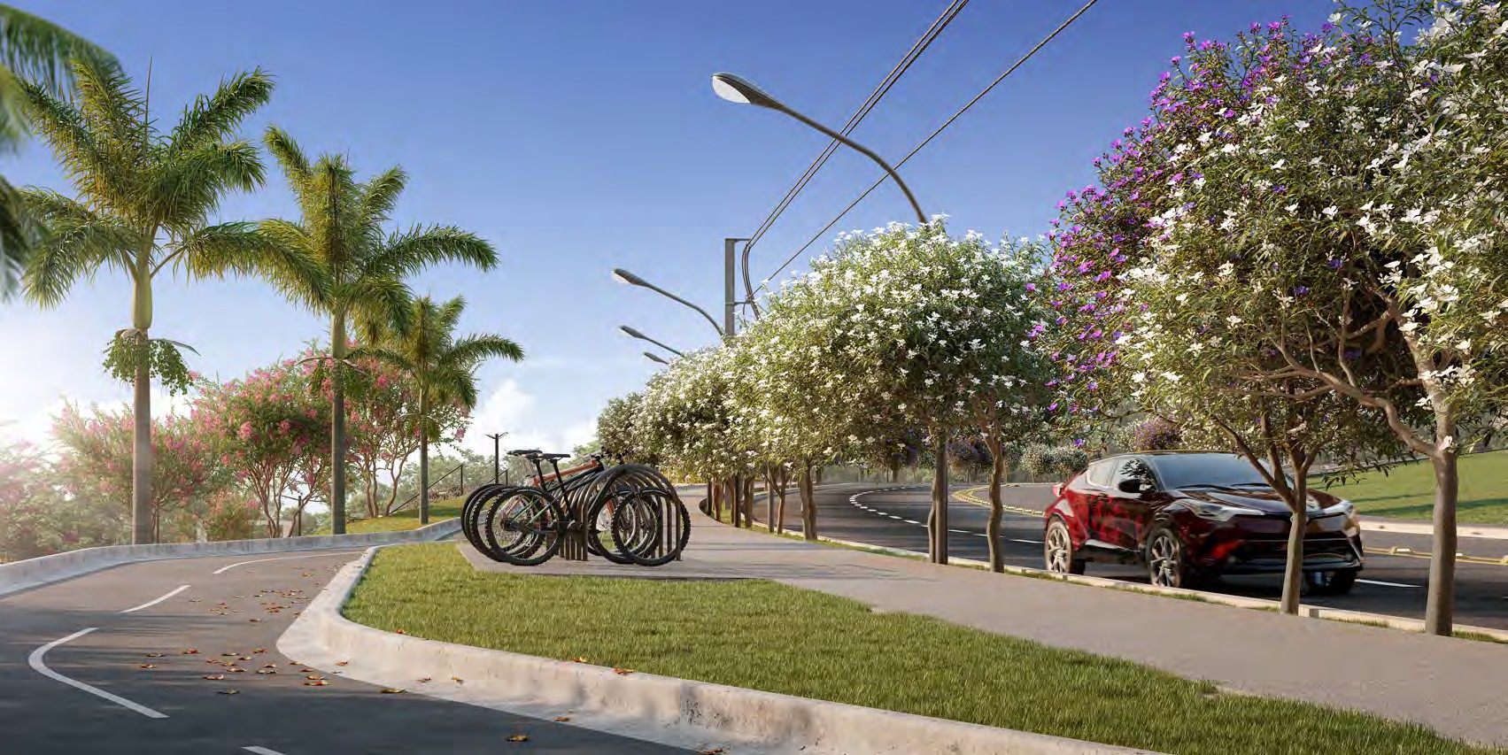 Perspectiva de pista de caminhada e ciclovia arborizadas no Parque Alphaville
