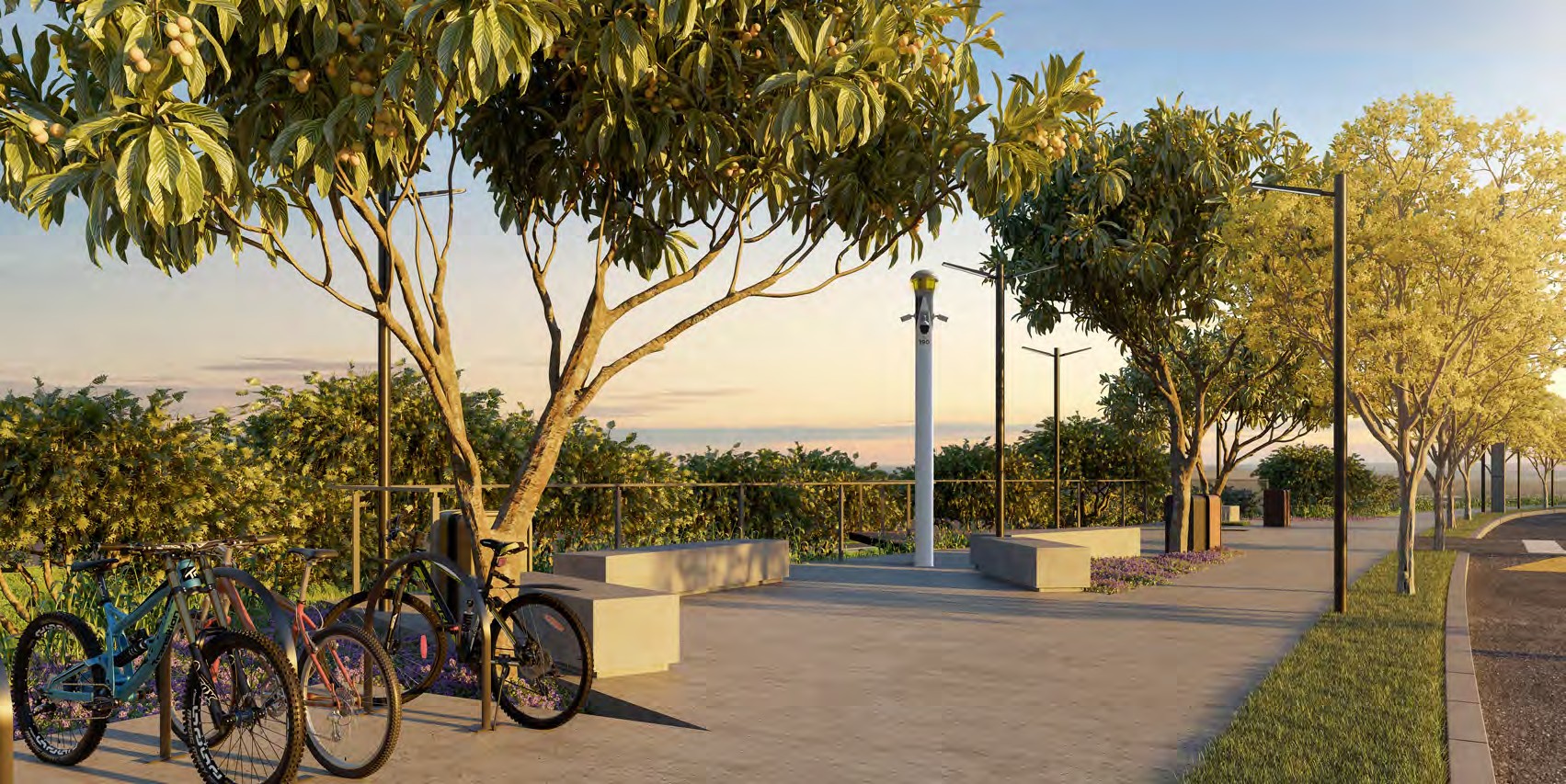 Perspectiva do mirante com jardins e espaço para bicicletas no Parque Alphaville